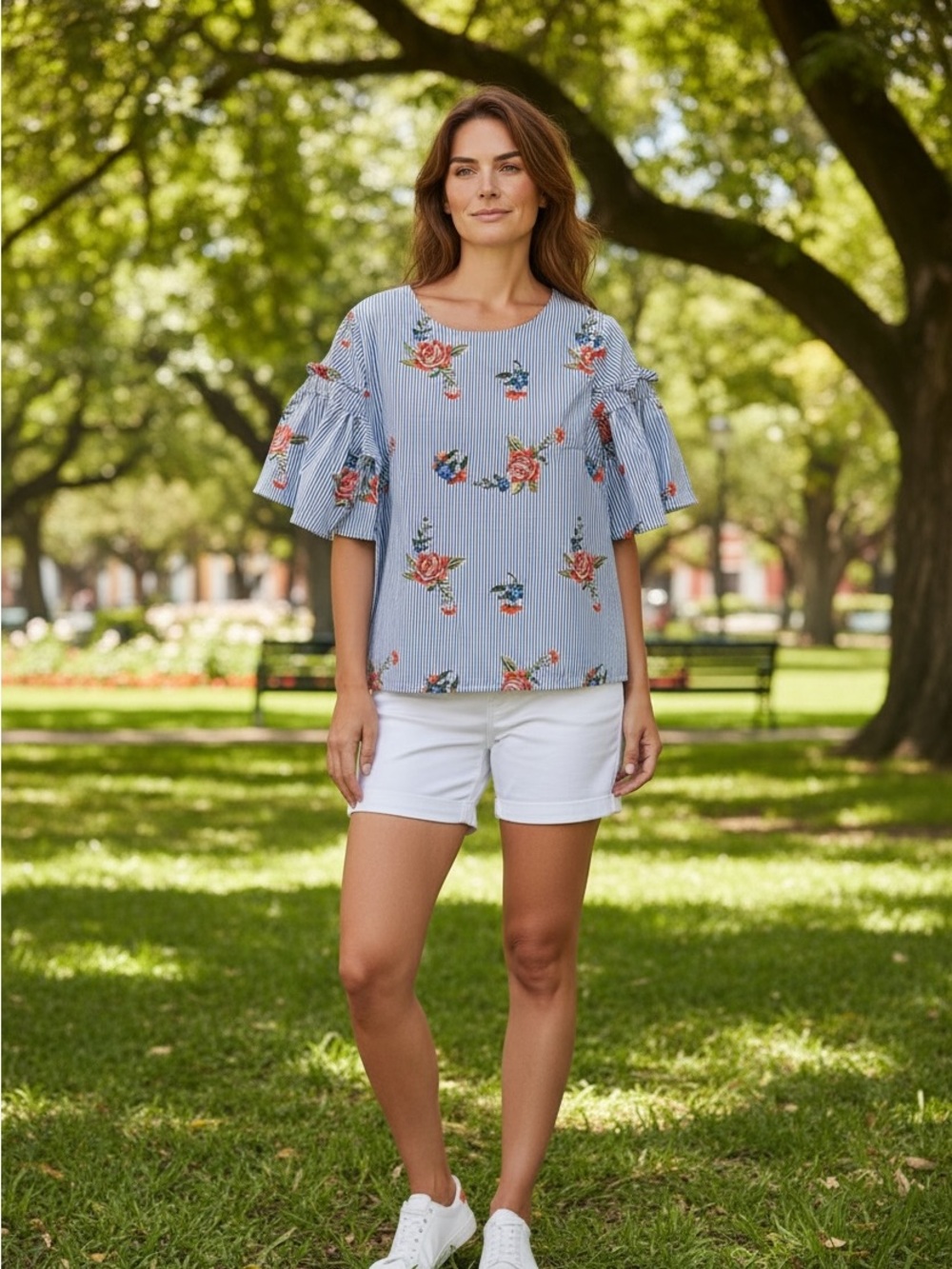 Rebellion Blue Striped Floral Ruffle Sleeve Top
